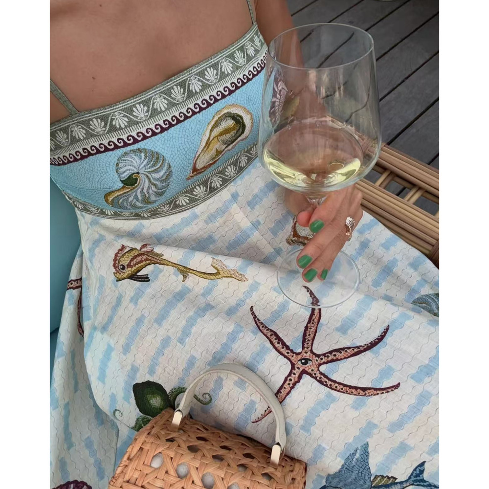 ALEMAIS + Sam Pauletto Bath House printed smocked linen midi dress US 4 - Picture 2 of 11